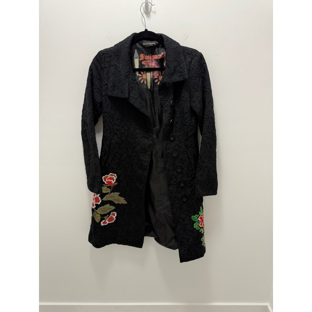 Desigual Black Textured Jacquard Floral Crane Embroidered Coat Size 38 Boho